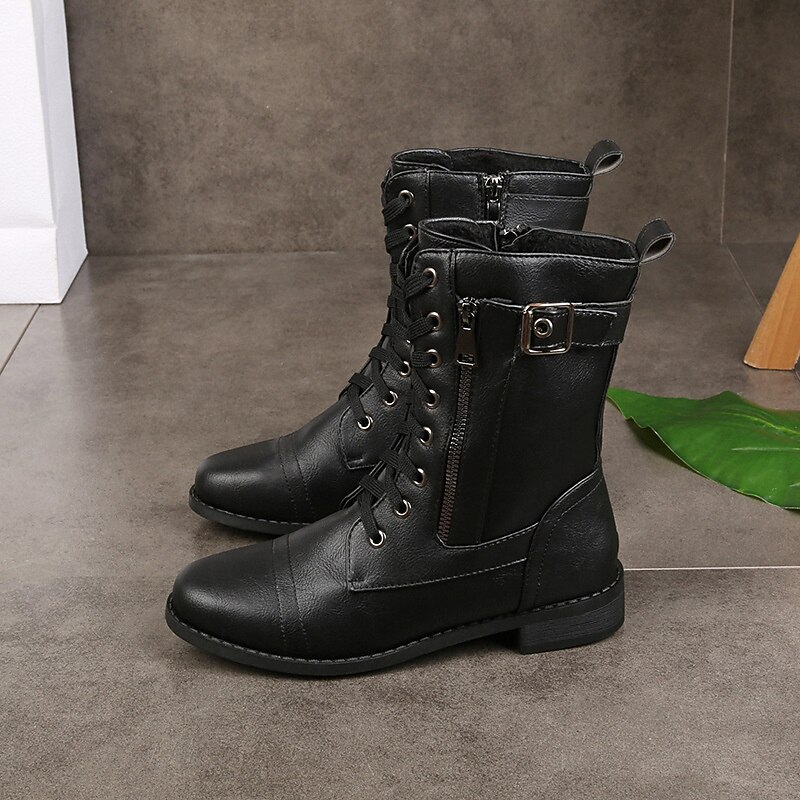 Women's Black Combat Boots with Lace-Up and Side Zipper, Military-Inspired Mid-Calf Boots for Casual Streetwear, Outdoor Walking and Motorcycle Riding2