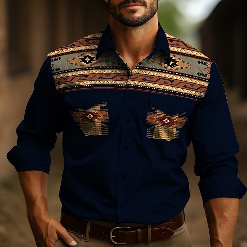 Men's Tribal Graphic Prints Vintage Shirt Western Shirt Cowboy Shirt Long Sleeve Fashion Streetwear Designer Outdoor Daily Fall & Winter Turndown Print Yellow Gray