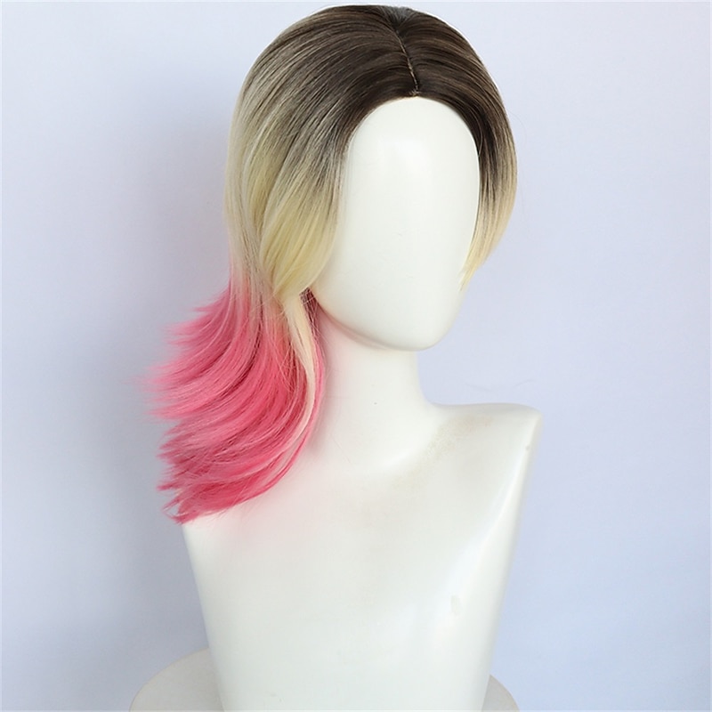 Synthetic Wig Gwen Stacy Straight Asymmetrical Machine Made Wig Short A1 Synthetic Hair Women's Cosplay Soft Fashion Blonde Pink Mixed Color Halloween Wigs3