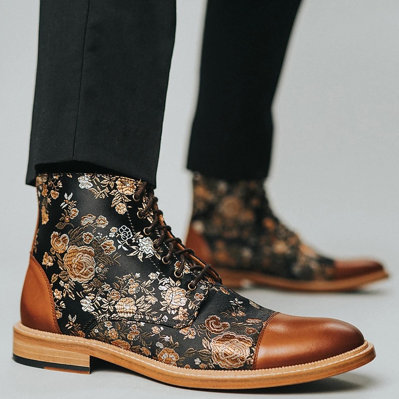 Men's Floral Jacquard and Brown Faux Leather Lace-Up Boots - Vintage Oxford Ankle Boots with Retro Style for Casual and Formal Wear