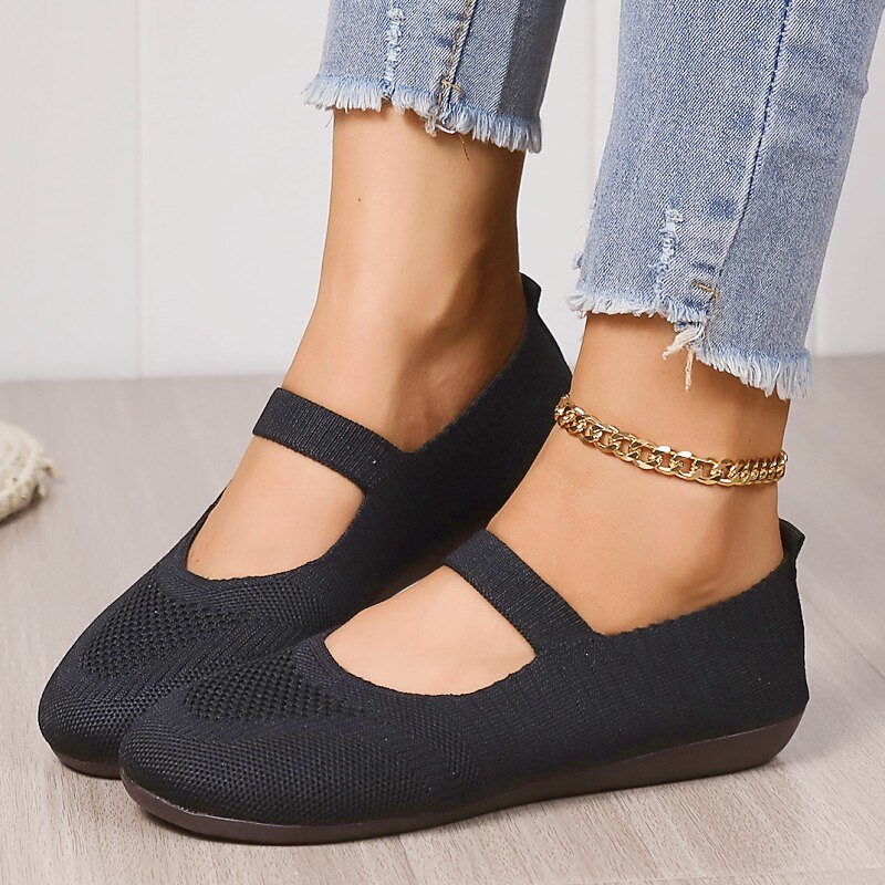 Women's Black Knit Mary Jane Flats – Comfortable Slip-On Shoes with Strap for Casual, Everyday Wear