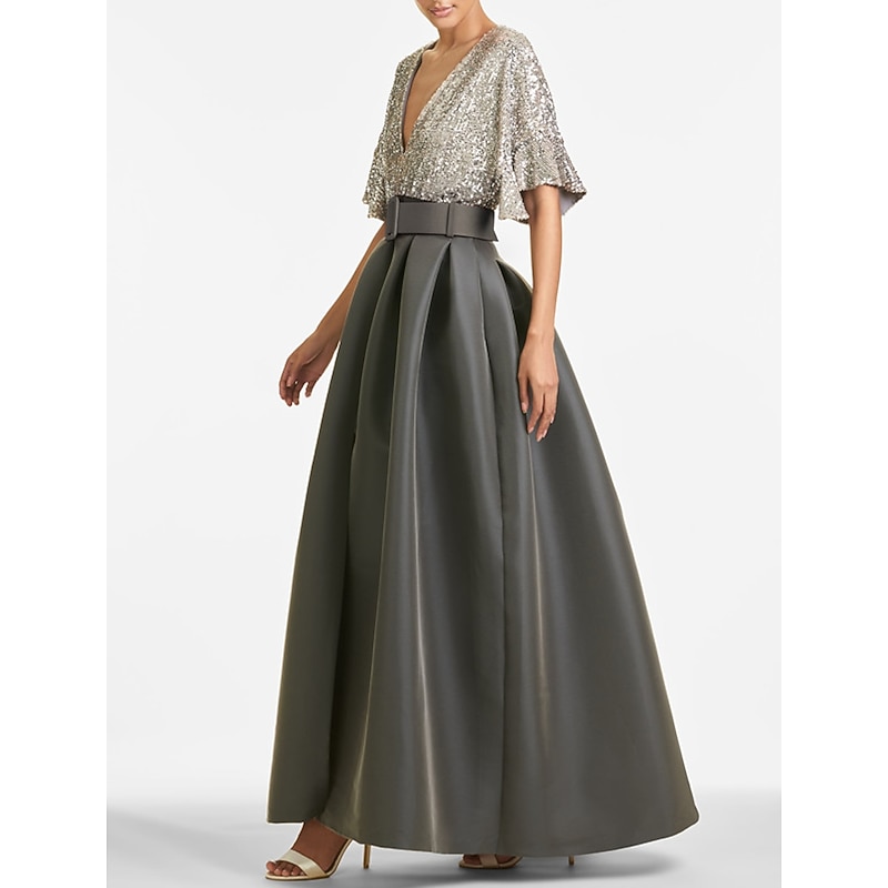 A-Line Evening Gown Elegant Dress Formal Wedding Guest Ankle Length Half Sleeve V Neck Fall Wedding Guest Sequined with Sequin Strappy3