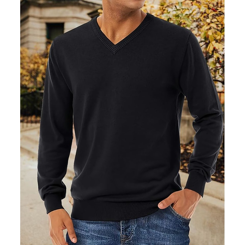 Men's Pullover Sweater Jumper Jumper Ribbed Knit Regular Knitted Solid Color V Neck Modern Contemporary Work Daily Wear Clothing Apparel Winter Camel Black S M L