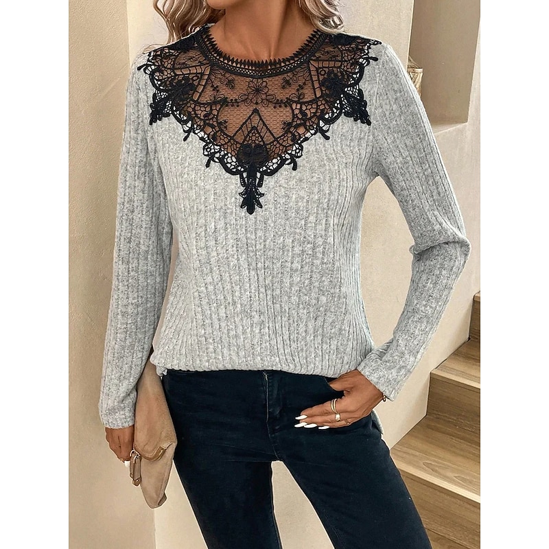 Women's Shirt Lace Shirt Blouse Mesh Patchwork Top Elegant Fashion Basic Color Block Lace Patchwork Long Sleeve Regular Tops Round Neck Casual Gray Spring Fall3