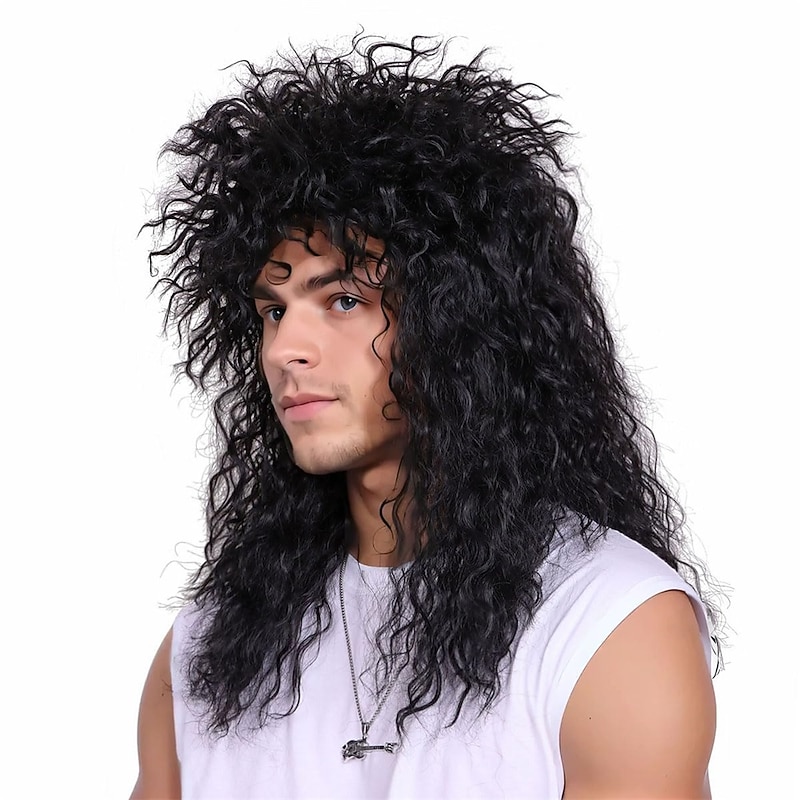 FantaLook Mens 80S Long Curly Black Rocker Costume Wig Halloween Wigs2