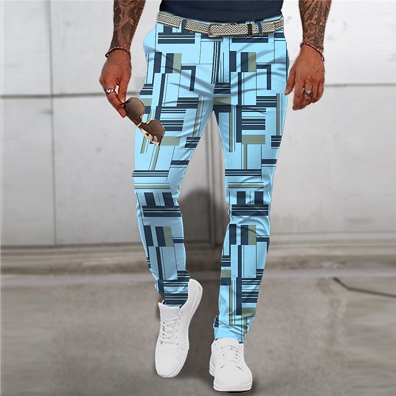 Plaid / Check Graphic Prints Geometry Business Men's 3D Print Pants Trousers Outdoor Street Wear to work Polyester Black White Blue S M L Mid Waist Elasticity Pants3