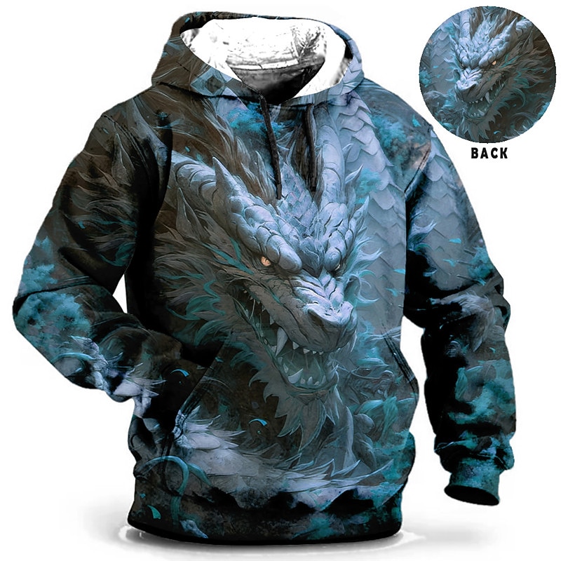 Men's Animal Dragon Graphic Prints Hoodie Hoodies Sweatshirt Daily Classic Long Sleeve Hooded Holiday Going out Streetwear Blue Brown Print Spring &  Fall Designer2