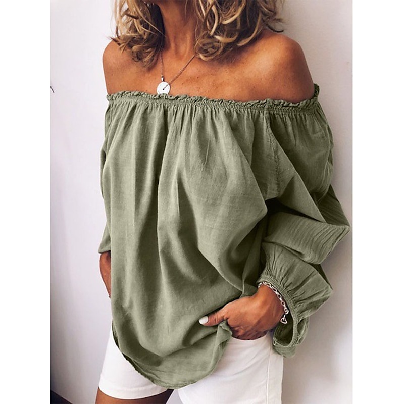 Women's Shirt Blouse Long Cotton Top Cotton Linen Shirts Plain Daily Basic Long Sleeve Off Shoulder Regular Tops Casual Yellow Army Green Red Blue Purple Fall & Winter