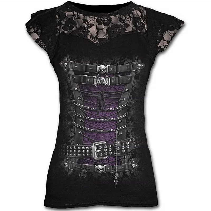 Retro Vintage Punk & Gothic T-shirt Halloween Costumes Skeleton Skull Lace Fancy Dress Women's Masquerade Party / Evening Adults' T-shirt4