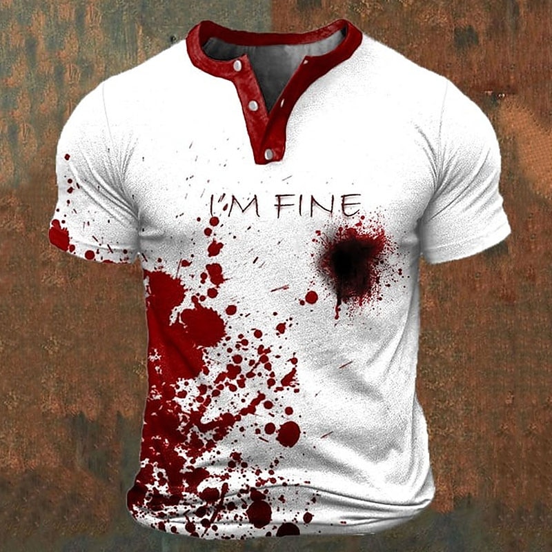 I'M Fine Mens Graphic Shirt Color Block Prints Fashion Basic Casual 3D Henley Tee Vintage Outdoor Daily Going Black Blue Red & White Cotton