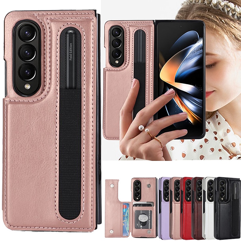 Phone Case For Samsung Galaxy Z Fold 7 Z Fold 6 Z Fold 5 Z Fold 4 Z Fold 3 Leather With Card Holder Kickstand with Pen Slot Holder Solid Color PC PU Leather