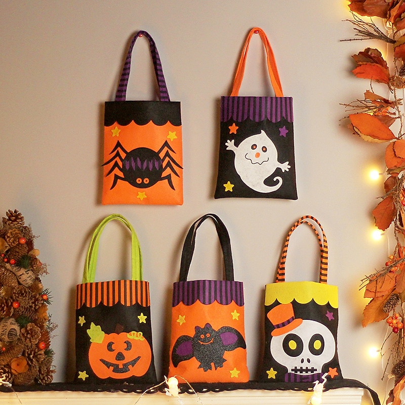 Kids' Halloween Treat Bag – Cute Felt Trick-or-Treat Tote with Pumpkin, Ghost, Spider, Bat or Skull Design for Candy Collection