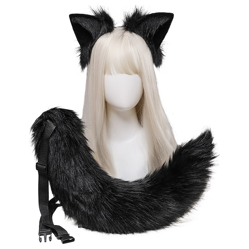 Plush Fox Ears and Tail Cosplay Accessories Handmade Simulation Beast Ears Hair Hoops and Tail Jewelry Set2