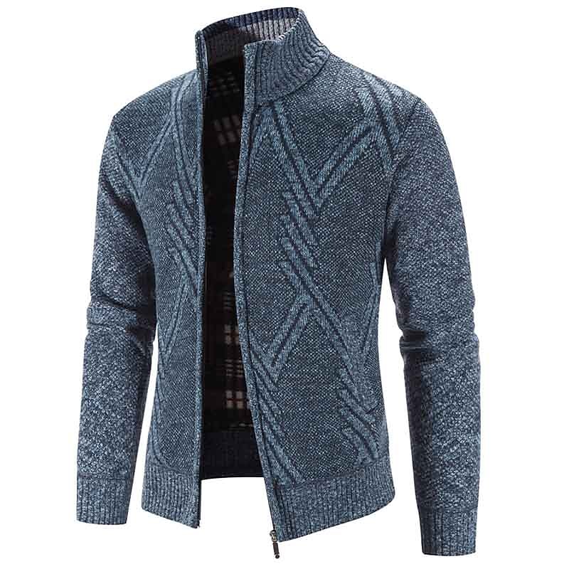 Men's Cardigan Sweater Dress Sweater Ribbed Knit Regular Knitted Stripe Standing Collar Warm Ups Modern Contemporary Daily Wear Going out Clothing Apparel Fall Winter Blue Light Grey S M L3