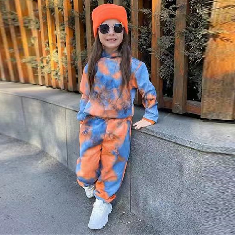 2 Pieces Kids Girls' Tie Dye Pocket Hoodie & Sweatpants Set Set Long Sleeve Active Training 3-7 Years Fall Red Orange4