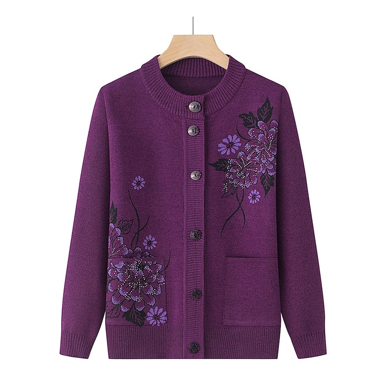 Women's Cardigan Sweater Stylish Casual Soft Floral Ribbed Crew Neck Buttons Pocket Long Sleeve Knit Outdoor Holiday Going out claret Grass Green Fall Winter4