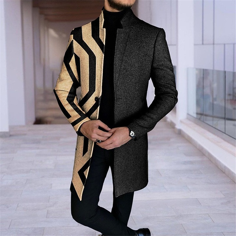 Men's Plaid Geometry Winter Coat Overcoat Coat Warm Comfortable Breathable Fashion Streetwear Business Work Wear to work Going out Pocket Print Fall & Winter Turndown Long Sleeve Blue Purple khaki