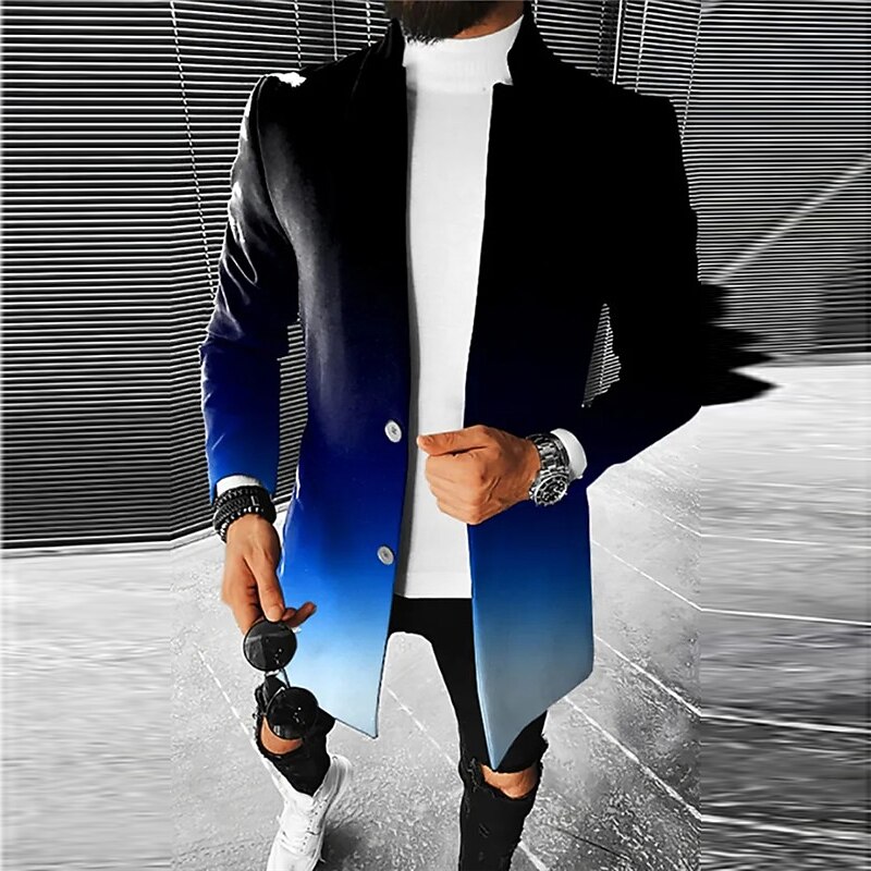 Men's Gradual Winter Coat Overcoat Coat Warm Comfortable Breathable Fashion Streetwear Business Work Wear to work Going out Pocket Print Fall & Winter Turndown Long Sleeve Royal Blue Blue Ink Blue