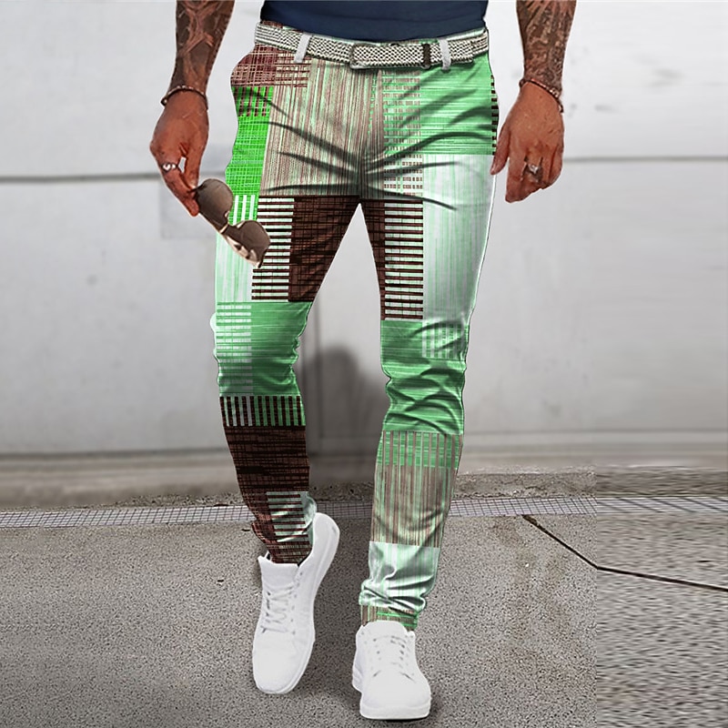Plaid Geometry Business Men's 3D Print Pants Trousers Outdoor Street Wear to work Polyester Blue Green Khaki S M L Mid Waist Elasticity Pants2
