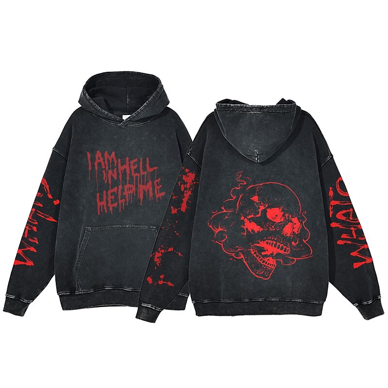 Halloween Scream Skull Skeleton Hoodie Oversized Acid Washed Tee Print Front Pocket Graphic For Couple's Men's Women's Adults' Masquerade Hot Stamping Casual Daily4