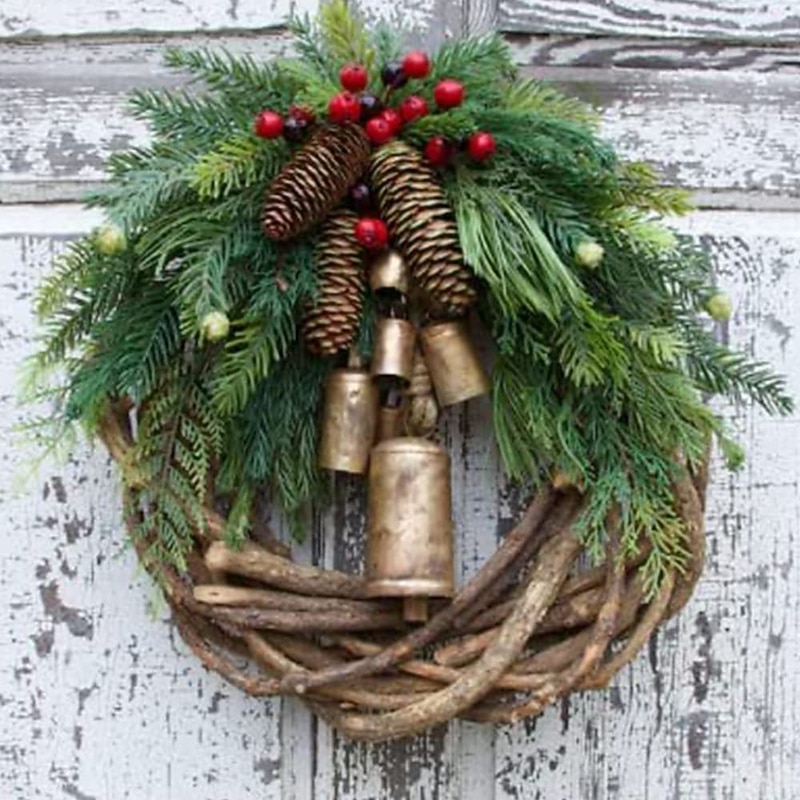Christmas Wreath Boho Wreath, 17.7'' Artificial Golden Bell Wreath, Xmas Tree Front Door Hanging Garland, Handmade Pine Ring Grapevine Wreath, Celebration Xmas Decor2