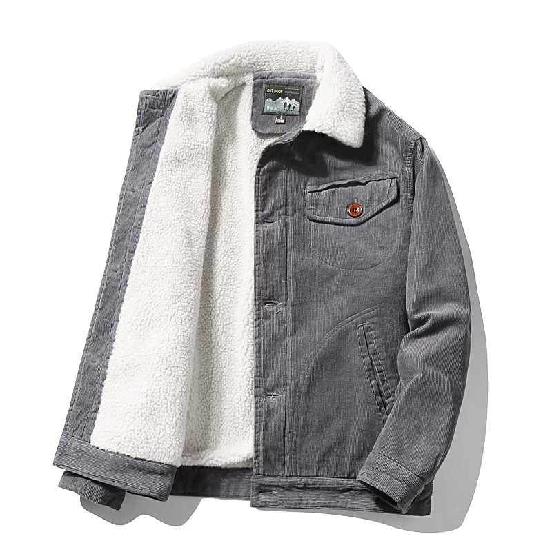 Men's Winter Jacket Corduroy Jacket Winter Coat Sherpa Dailywear Casual Windproof Warm Classic Style Fall Winter Solid Color Vintage Retro Regular khaki Army Green Coffee Grey Jacket3