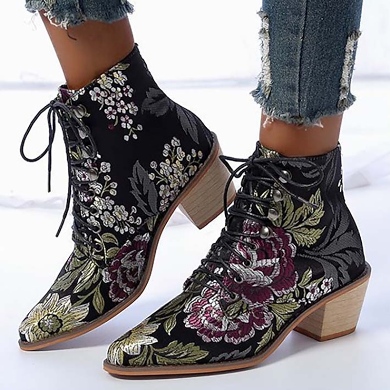 Women's Floral Embroidered Lace-Up Ankle Boots – Vintage Boho Chunky Heel Booties for Fall Winter Festival and Casual Wear