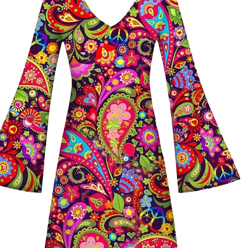 Retro Vintage Hippie 1970s Dress Headband Flare Cuff Sleeve Hippie 3D Fancy Dress Women's Halloween Carnival Masquerade Vacation Dailywear Music Festival Adults' Dress Spring & Summer4