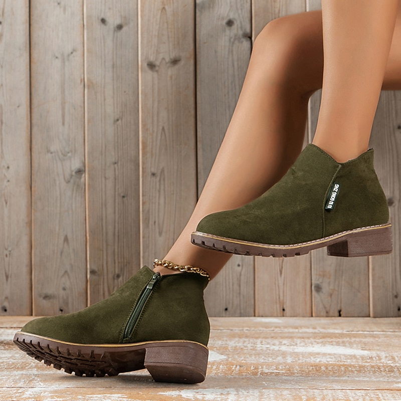 Women's Green Faux Suede Ankle Boots – Casual Side Zipper Flat Short Booties with Non-Slip Sole for Autumn Winter Daily Wear4