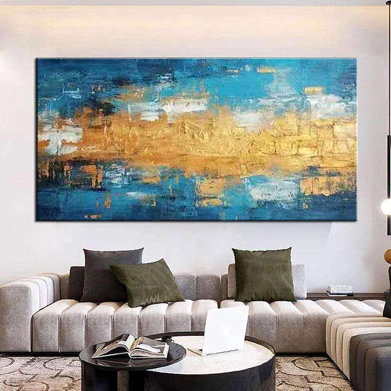 Handmade Gold blue Painting Hand Painted Oil Painting Wall Art Gold Foil Painting on Canvas  Large Wall Art Texture contemporary art Home Decoration Rolled Canvas3
