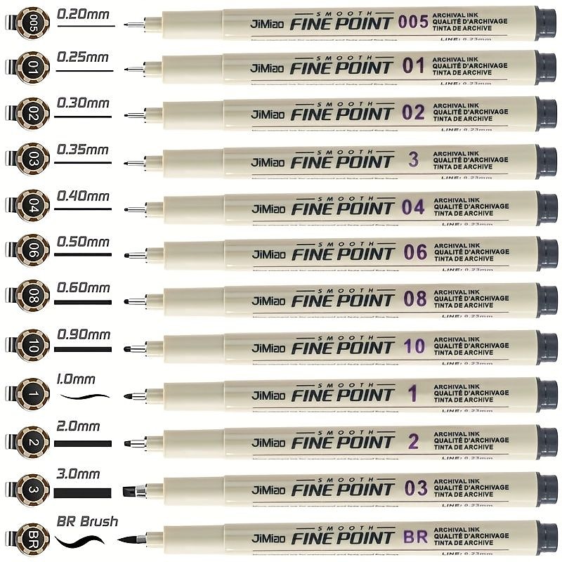 12Pcs Line Markers Plastic Drawing Pens Fine Point Line Painting Pens Compatible Writing Painting 005 01 02 03 04 05 08 Brush Different Tip Black Fineliner Sketching Pen3