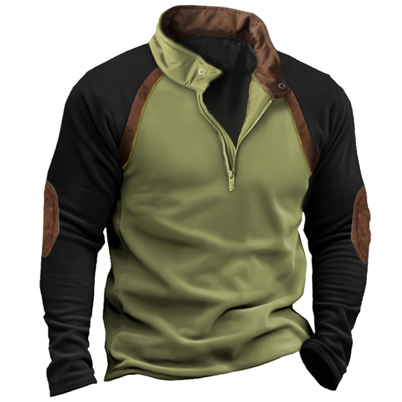 Men's T Shirt Tee Top Long Sleeve Shirt Long Sleeve Quarter Zip Summer Color Block Fashion Designer Basic Patchwork Vacation Street Going out Blue Khaki Army Green Top Tee for Men