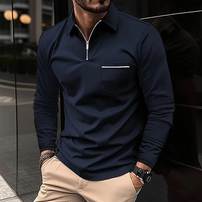 Men's Polo Shirt Zip Polo Outdoor Casual Lapel Quarter Zip Long Sleeve Fashion Basic Solid / Plain Color Quarter Zip Spring &  Fall Regular Fit Black White Pink Wine Dark Navy Blue Polo Shirt