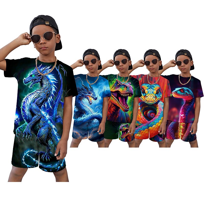 Boys 3D Graphic Animal Dragon T-shirt & Shorts T-shirt Set Clothing Set Short Sleeve 3D prints Summer Spring Active Sports Fashion Kids 3-13 Years Outdoor Vacation Street Regular Fit2