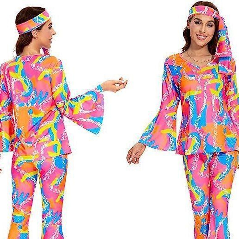 1980s Hot Pink Hippie Outfits  Abba Costume Flared Trousers 3 PCS Shirt Bell Bottoms Pants Doll Women's Cosplay Costume Masquerade Party Halloween Daily3