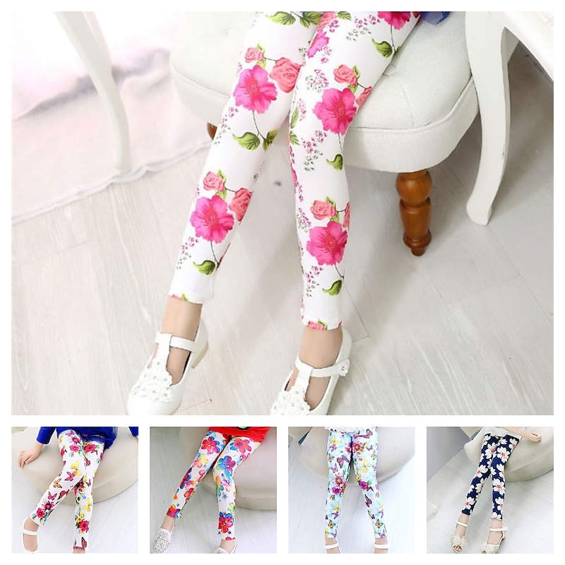 Kids Girls' Leggings Heart Active Outdoor Cotton 3-7 Years Fall Blue butterfly White butterfly Pink butterfly