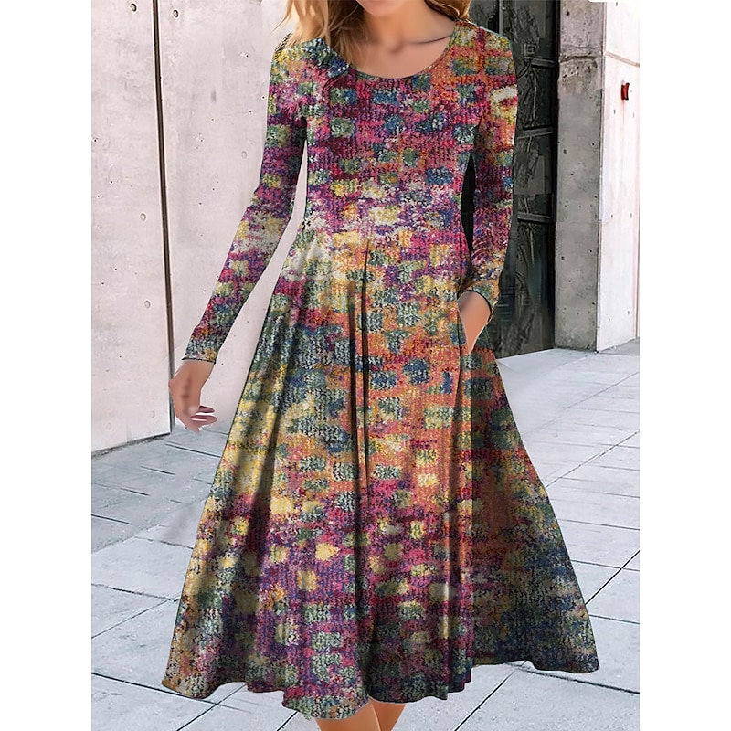Women's Midi Dress A Line Dress Casual Dress Winter Dress Swing Dress Fashion Streetwear Mature Formal Outdoor Vacation Regular Fit Geometric Color Block Tribal Long Sleeve Crew Neck Black Red3