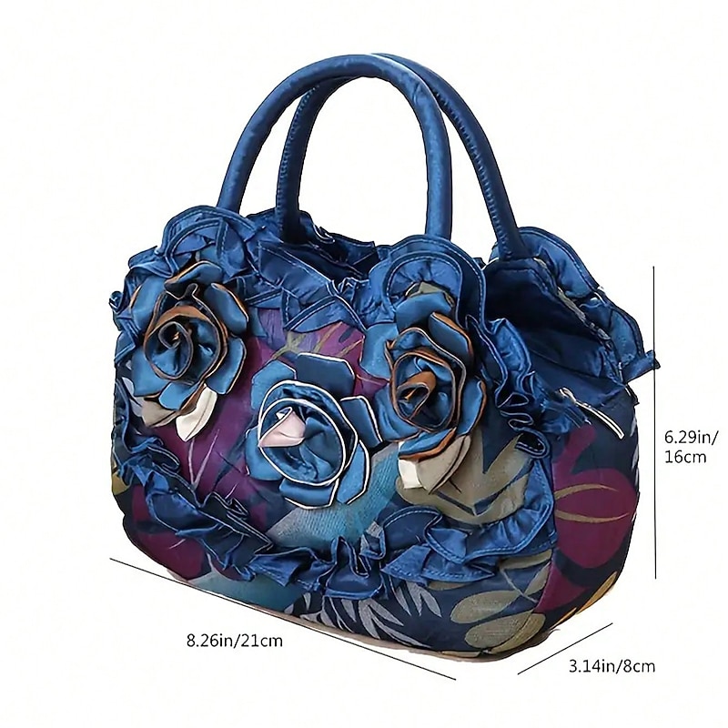 Women's Vintage Floral Embroidered Handbag – Elegant Blue Tote with 3D Rose Design, Spacious Interior, and Zipper Closure – Ideal for Casual Outings and Special Occasions2