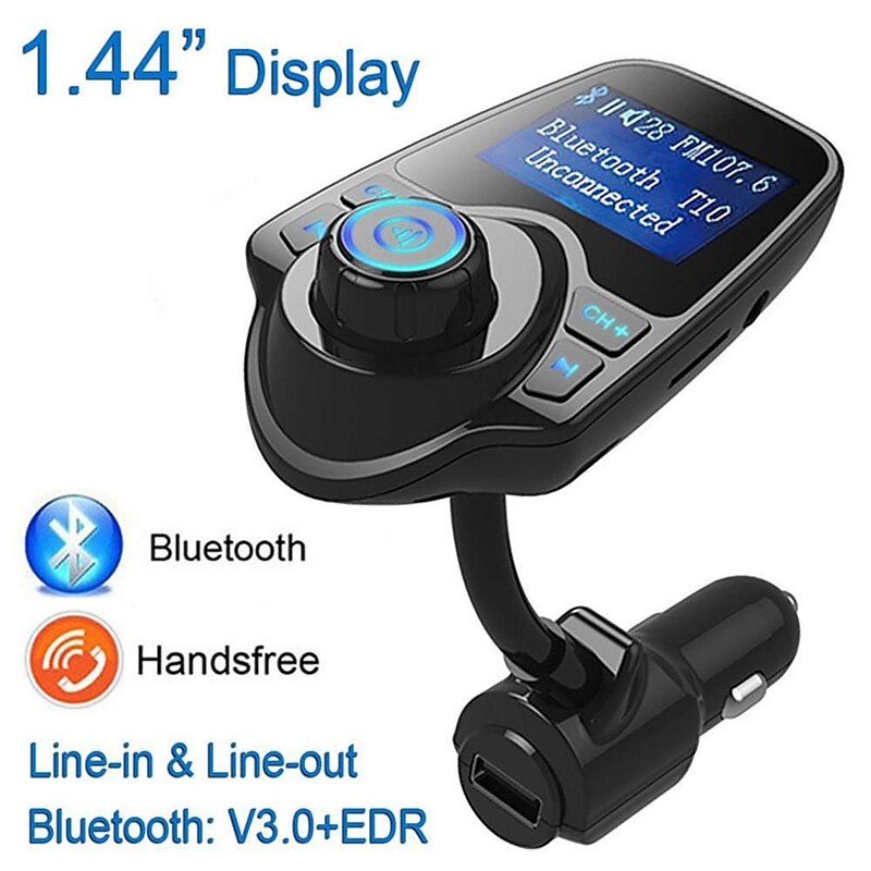 NEW T10 Hands-free Bluetooth Car Kit MP3 Music Player FM Transmitter 5V 2.1A USB Car Charger 1.44" LED Screen2