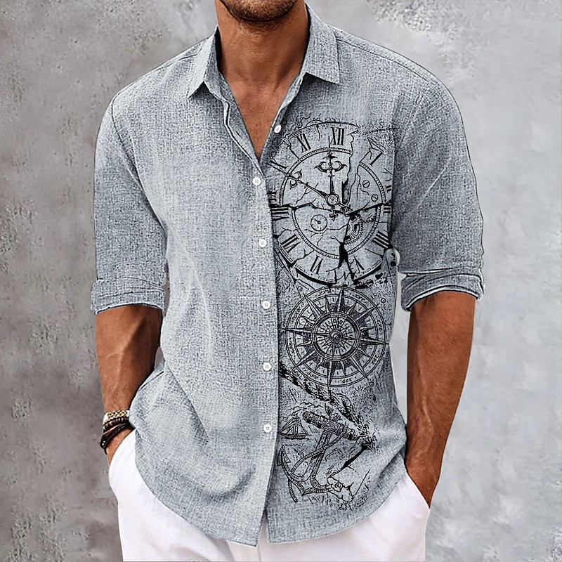 Men's Nautical Clock Compass Shirt Button Up Shirt Long Sleeve Fashion Streetwear Designer Outdoor Casual Daily Fall Winter Autumn / Fall Turndown Print Green Khaki Gray2