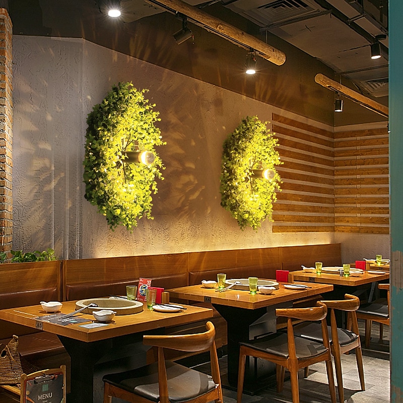 Lightinthebox Ceiling Lights LED Plant Garland Style Wall Light E27 Semi - Electroplated Bulb Wheel Shape Wrought Iron Faux Green Plant Wall Mount Bar Cafe Decor 110-240V3