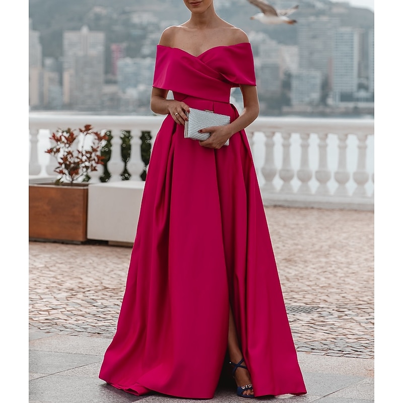A-Line Evening Gown Elegant Dress Formal Wedding Court Train Sleeveless Off Shoulder Bridesmaid Dress Satin with Ruched Slit