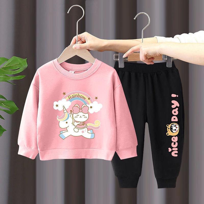 2 Pieces Kids Girls' Rainbow Crewneck Hoodie & Sweatpants Set Set Long Sleeve Active Outdoor Cotton 3-7 Years Spring Black unicorn sweater + nice black pants Black unicorn sweater + nice gray pants2