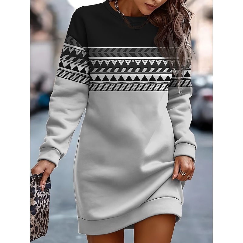 Women's Mini Dress Sweatshirt Dress Casual Dress Print Dress Warm Fashion Daily Outdoor Vacation Holiday Loose Fit Geometric Long Sleeve Crew Neck Black Pink Burgundy Green Fall Winter4