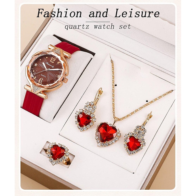 5pcs/Set Women Watches Leather Band Ladies Watch Simple Casual Womens Fashion Wristwatch and Jewelry Gift