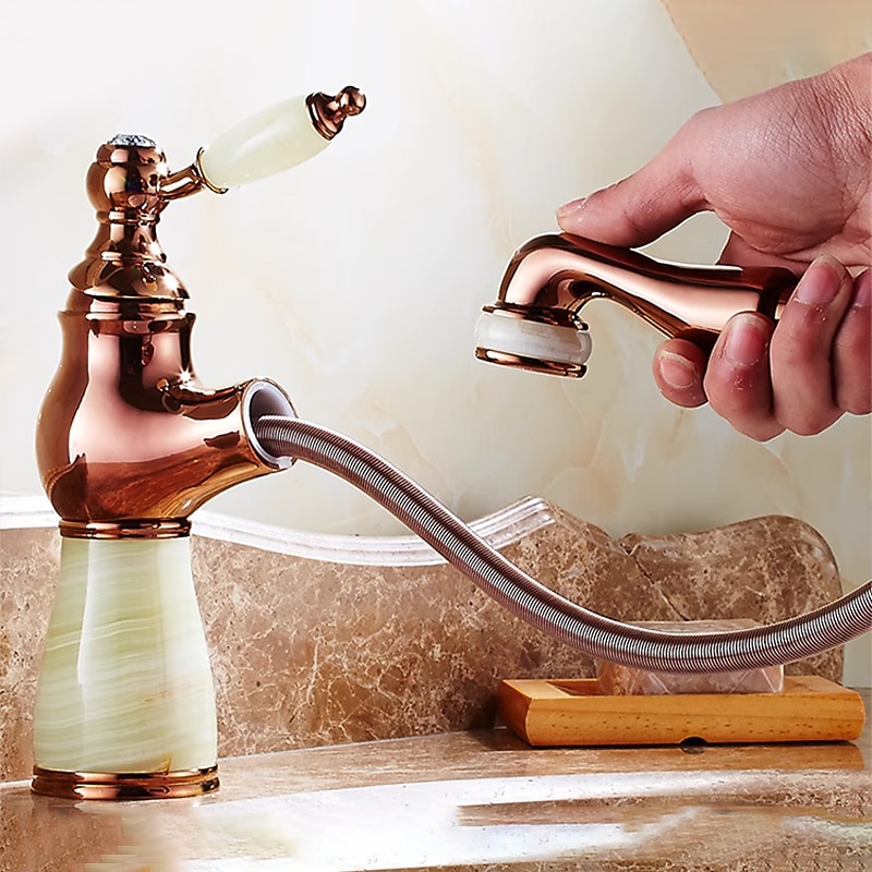 Traditional Bathroom Faucet Pull Out Basin Sink Mixer Taps Short/Tall, Vintage Brass Vessel Taps Ceramic Single Handle, with Cold and Hot Hose2