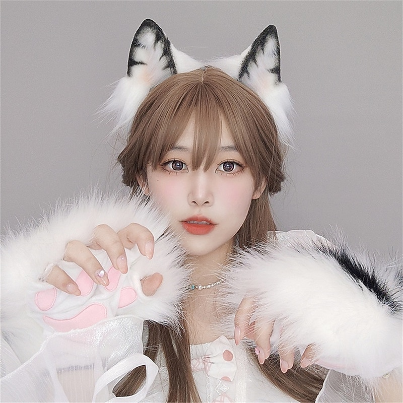 Cute Plush Beast Ear Headwear Open Finger Gloves Beast Tail Cosplay Prop Accessories Hair Accessories Cat Tail Set2