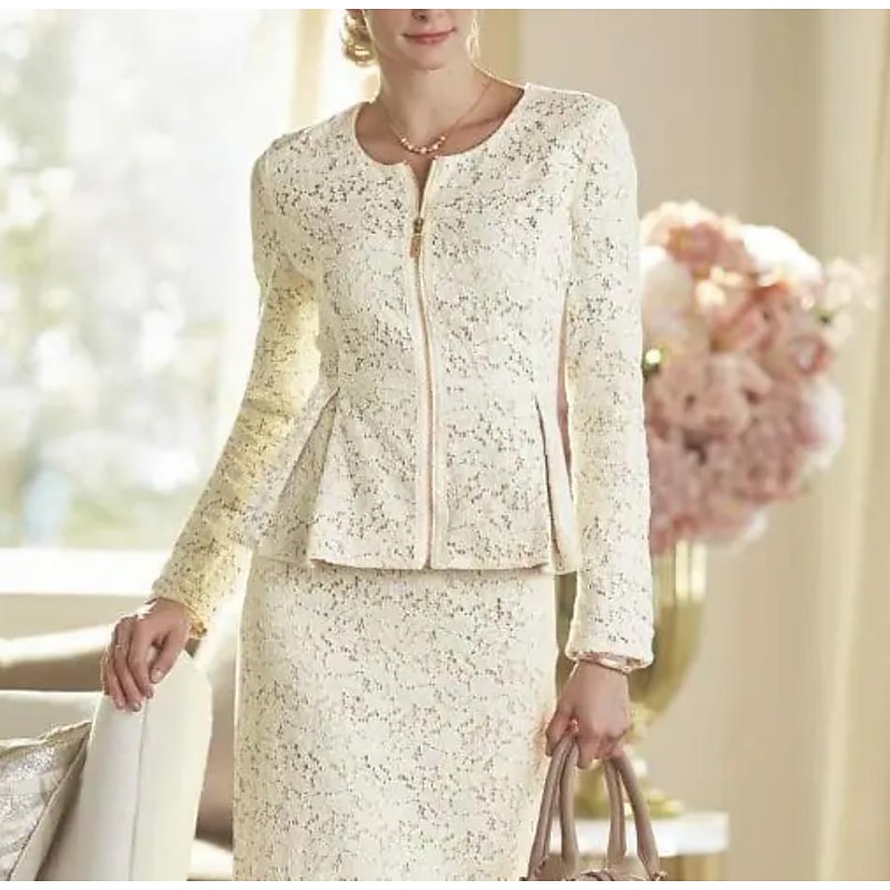 Two Piece Sheath Mother of the Bride Dress Wedding Guest Elegant Party Scoop Neck Knee Length Lace Long Sleeve Wrap Included with Solid Color Race Day Dress2