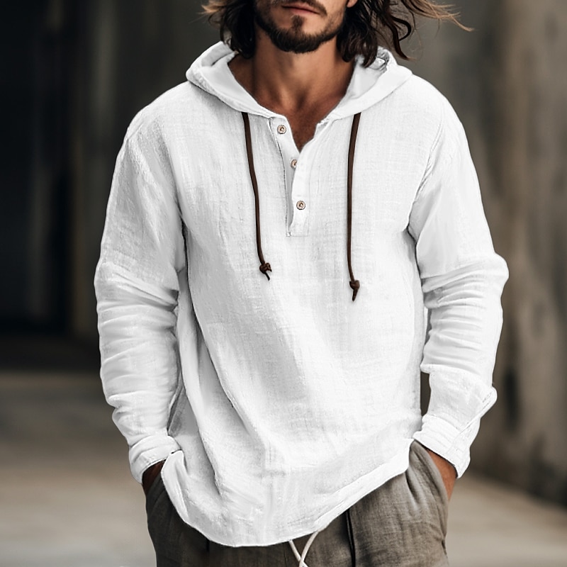 Men's Shirt Linen Shirt Calico Shirt Hooded Shirt Stripes Casual Daily White Blue Brown Green Long Sleeve Hooded Spring & Summer Clothing Apparel