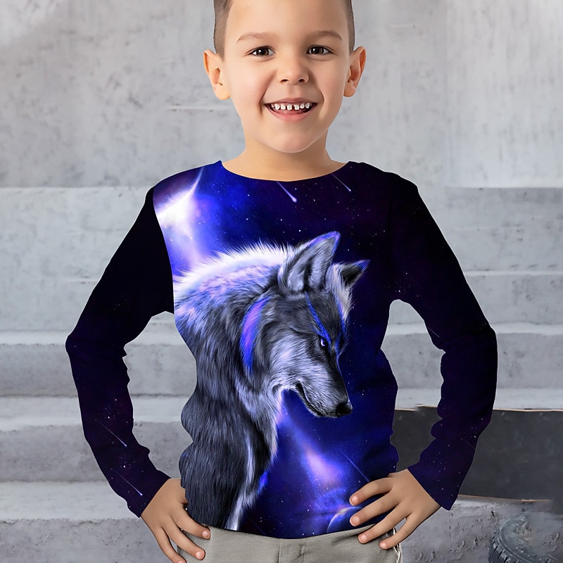 Boys 3D Animal Wolf T shirt Tee Long Sleeve 3D Print Fall Winter Sports Fashion Streetwear Kids 3-12 Years Outdoor Casual Daily Regular Fit